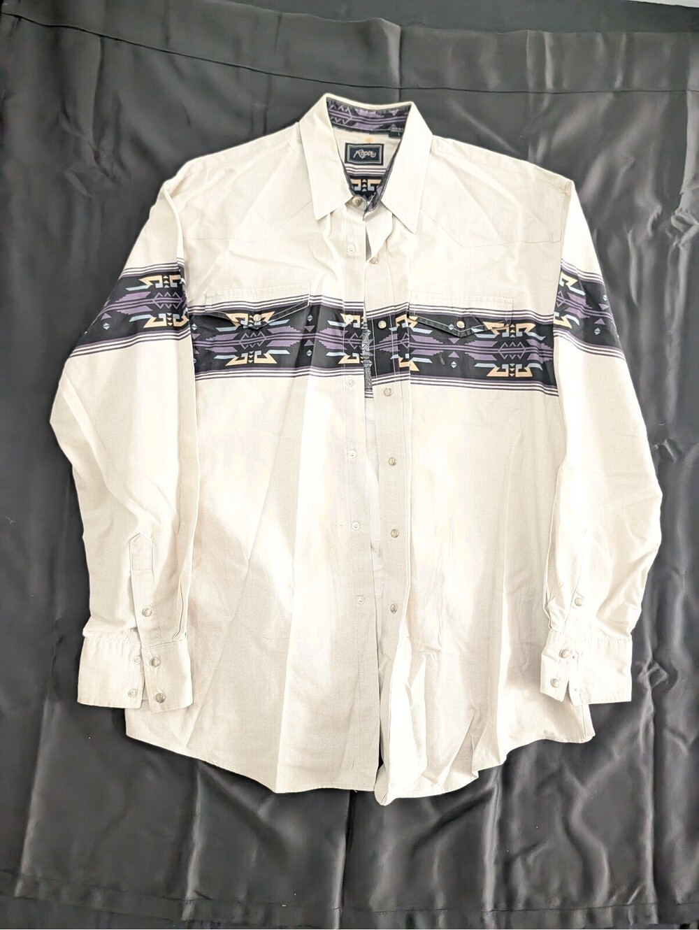 Vtg Roper Western Shirt Mens L Cream Aztec Border Pearl Snap Long Sleeve Rodeo